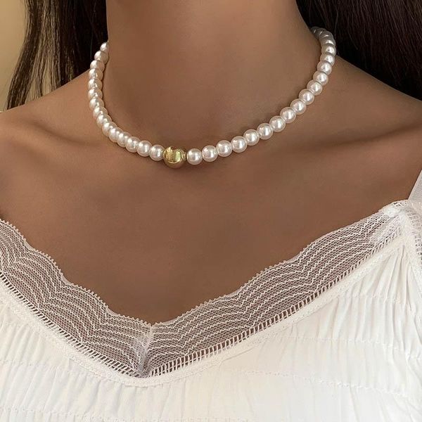 

chokers fashion elegant imitation pearls beads choker necklace for women vintage geometric clavicle chocker colar jewelry gift, Golden;silver