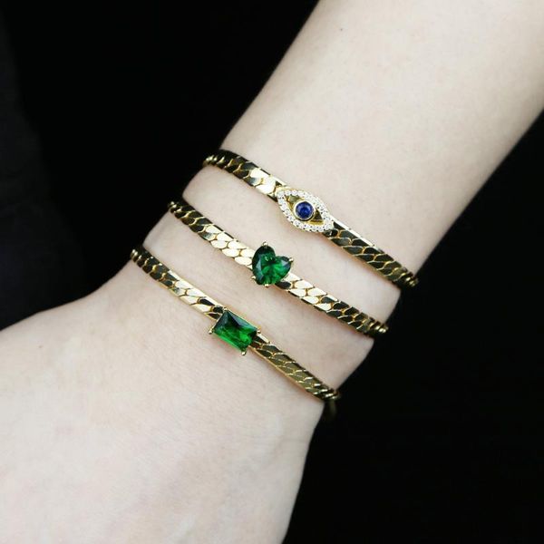 

link, chain single green cz paved square heart evil eye charm classic women jewelry snake high polished herringbone bracelet, Black