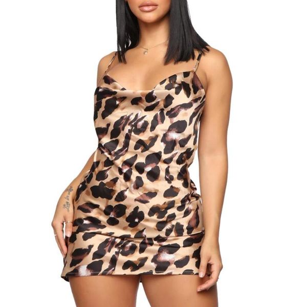 

women sleeveless leopard dress adjustable spaghetti straps cowl neck mini dresses casual, Black;gray