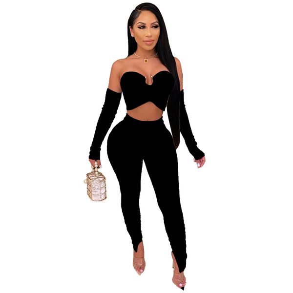 

solid two piece set slash neck womens set crop and stacked pants set long sleeve tracksuit club women outfits, Black;white