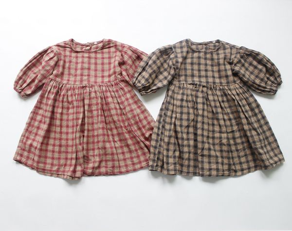 

new fall winter korean style baby girls cotton linen dresses lantern sleeve children clothes kids plaid dresses, Red;yellow