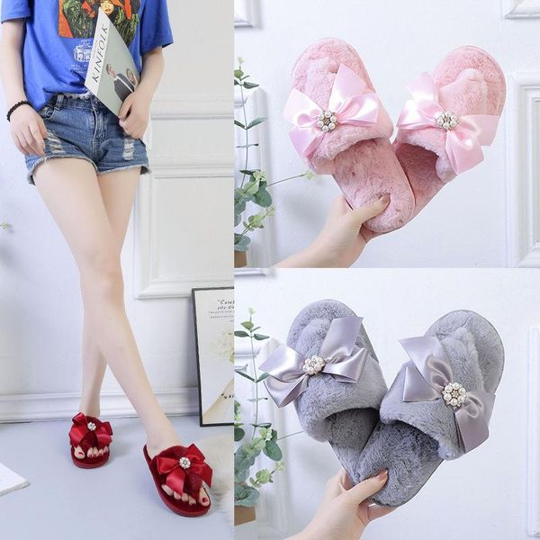 

luxury slides for women home slippers faux fur plush pink warm shoes woman slip on flats cute bowtie indoor female, Black