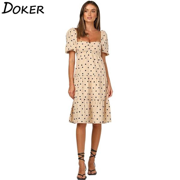 

elegant square collar short sleeve polka dot print women dress backless bandage temperament casual female dresses 210423, Black;gray