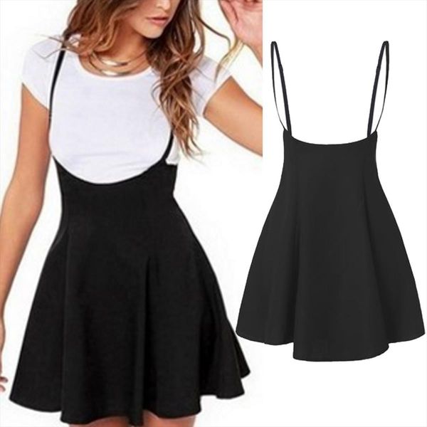 

mini suspender skater high waisted women skirt pleated adjustable strap, Black
