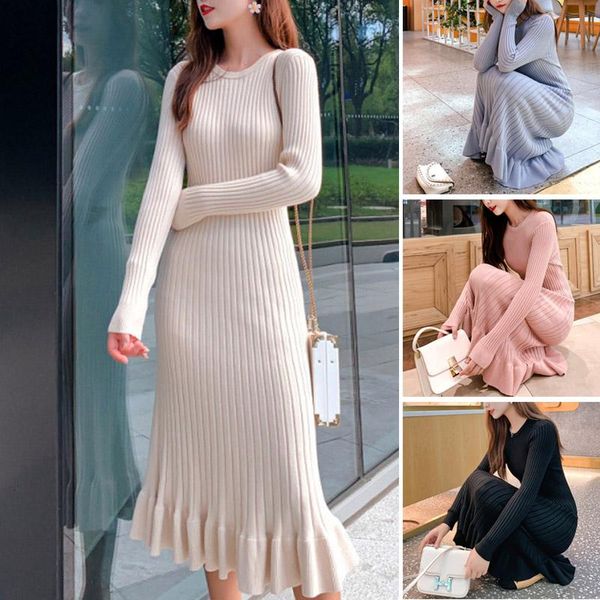 

casual dresses women lady long sleeve solid color round collar fish tail dress for autumn winter -opk, Black;gray