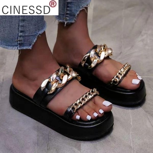 

sandals platform women 2021 chain decoration summer comfortable leather indoor outdoor flip-flops beach slippers, Black