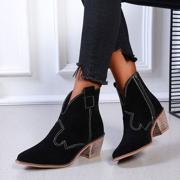 

boots ankle women fall 2021 fashion western cowboy pointed toe suede elegant shoes for female short footwear, Black