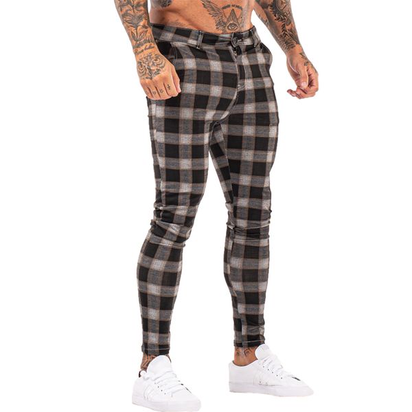 

men chinos trousers skinny super stretch chino pants slim fit mens casual pant plaid elastic waist london fashion zm398, Blue
