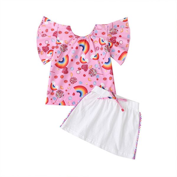 

girls rainbow balloon +skirts outfits summer 2020 kids boutique clothing 1-4t little girls casual 2 pc set cute, White