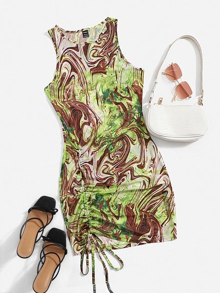 

marble print ruched dress j2up#, Black;gray