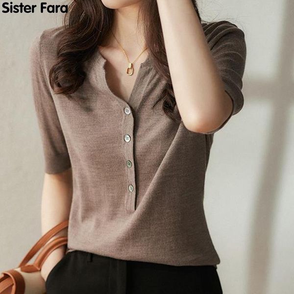 

women's blouses & shirts sister fara elegant knit shirt summer thin solid half sleeve o-neck single breasted blouse ladies pullover cas, White