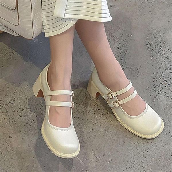 

dress shoes pxelena lolita natural genuine leather mary janes women chunky square high heels pumps 2021 autumn spring buckle strap, Black