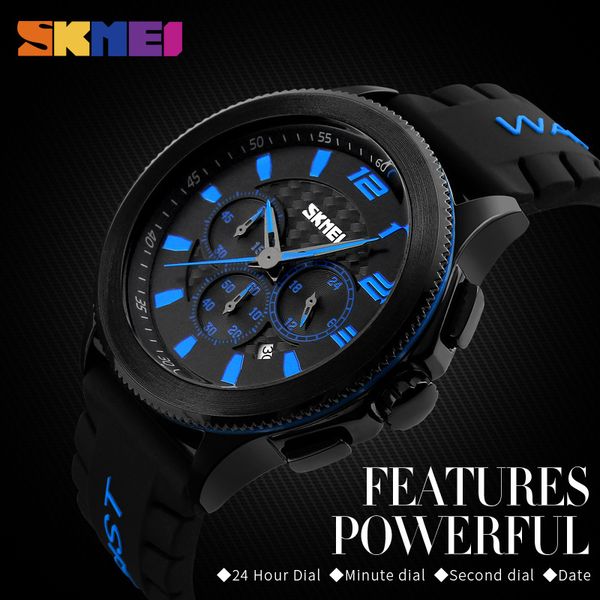 Skmei 2024new relógios de quartzo masculinos moda casual pulseira de silicone relógios de pulso 30m resistente à água cronômetro calendário completo relógio 9136