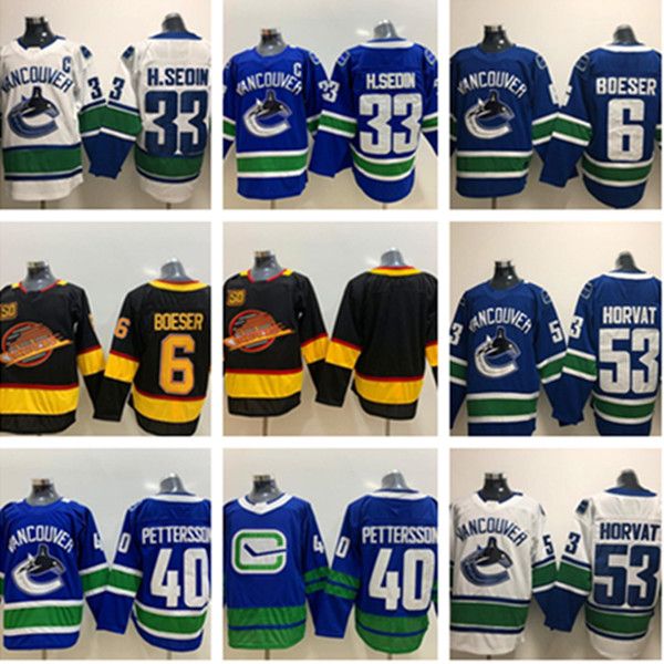 

vancouver canucks 40 elias pettersson hockey jersey 6 brock boeser 53 bo horvat daniel 33 henrik sedin 2021 flying skate 50th black blue jer, Black;red