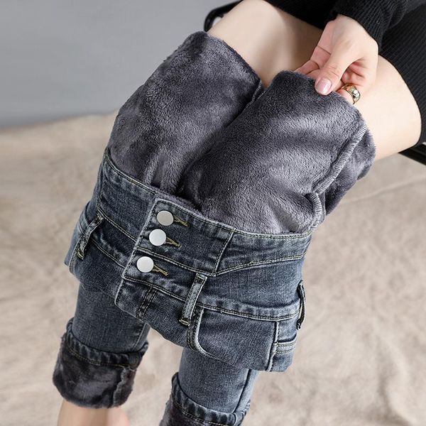 

thick warm women winter jeans velvet high waist cotton elastic pencil women's, Blue