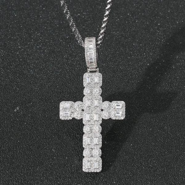 

bling hiphop cz jewelry brass mens iced out double row cubic zircon cross pendant necklace with rope chain necklaces, Silver