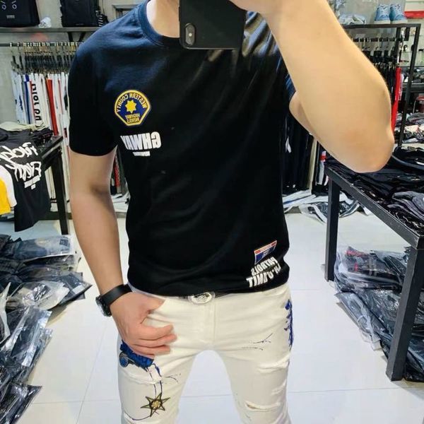 

shirt mercerized cotton polo korean slim round ne short men's personalized printing youth fashion t-shirt half sve, White;black