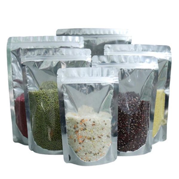 

storage bags 1000pcs stand up clear aluminum foil tear notch packing bag silver mylar zipper tea nuts cereals retail