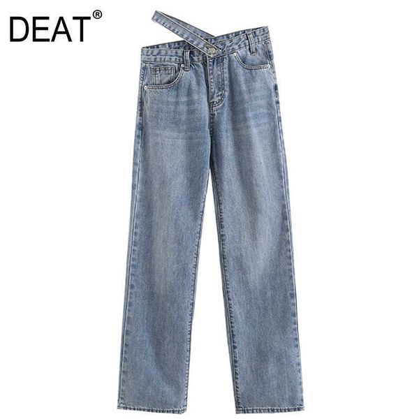 

[deat] spring summer fashion wide leg pants solid color high waist hollow out personality women jeans 13q215 210527, Blue