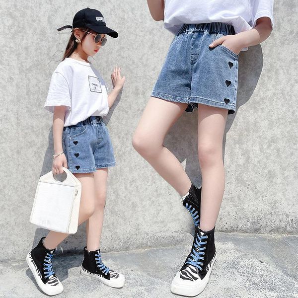 

girls denim shorts teenage girl summer pants kids love clothes children flowers embroidery jean short for teenager, Black