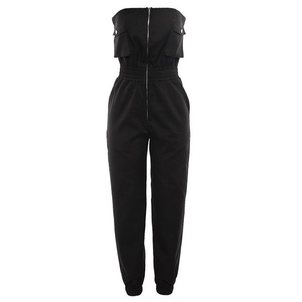 Mulheres Black Strapless Sem Mangas Comprimento Completo Jumpsuit Vocação Férias Praia Sexy Pocket J0058 210514