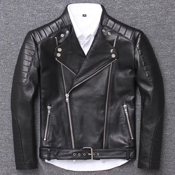 

men's leather & faux genuine clothing male skinny sheep kawadate lead oblique zipper jacket thin leatherwear goatskin, Black