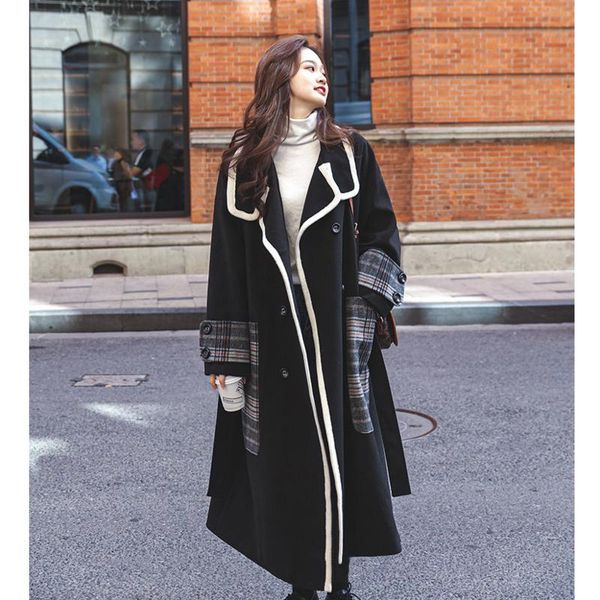 

women's wool & blends women woolen coats patchwork plus size long loose plaid pockets overcoat korean fashion trench coat jacket casaco, Black