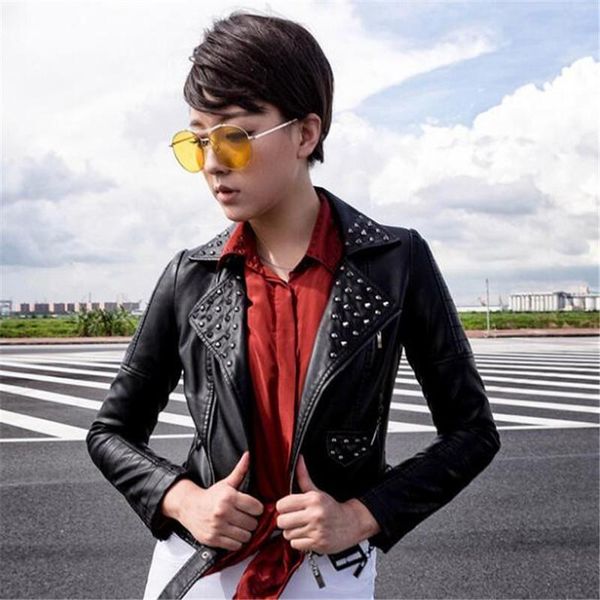 

women's leather & faux 2021 spring clothing pu washed motorcycle jacket was thin short lapel rivet coat, Black