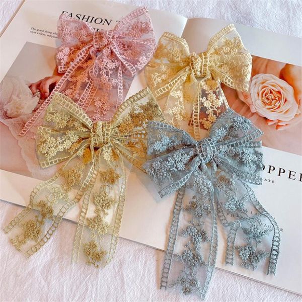 

hair accessories 8pcs/lot girls fashion lace embroidered bow clip sweet hairpin ponytail princess headwear, Slivery;white