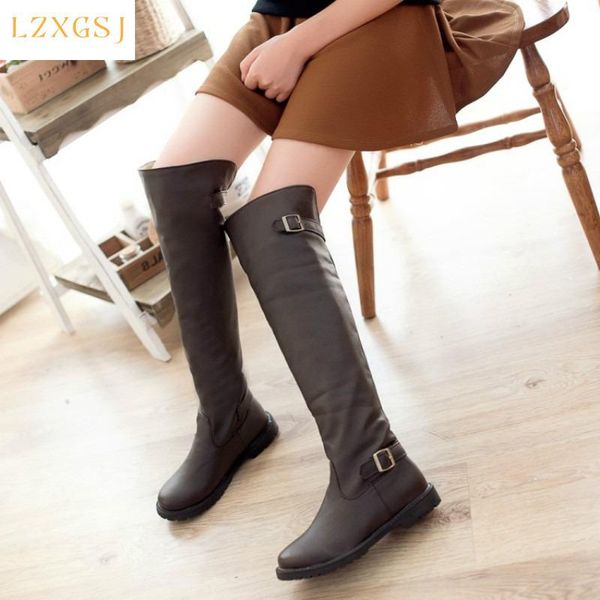 

women leather over the knee boots women's buckle low heel long female combat platform black brown shoes 2021 fashion