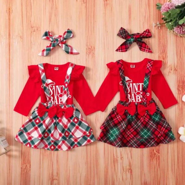 Kleidung Sets 3 stücke Weihnachten Baby Mädchen Outfit Brief Druck Langarm Strampler Plaid Hosenträger Rock Kopfbedeckung Set Weihnachten Kostüm