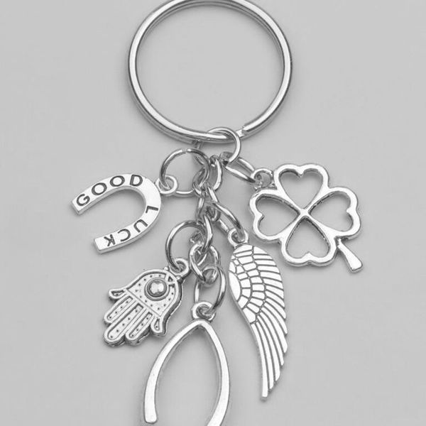

fashion new hand fatima wings clover good luck horseshoe fish bone pendant key chain ring keychain package decoration gift 1pcs, Silver