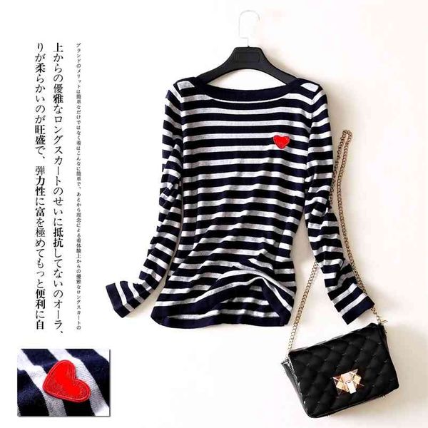 

cashmere women stripes sweater spring and autumn long-sleeved slim embroidery peach heart sweater 210903, White;black