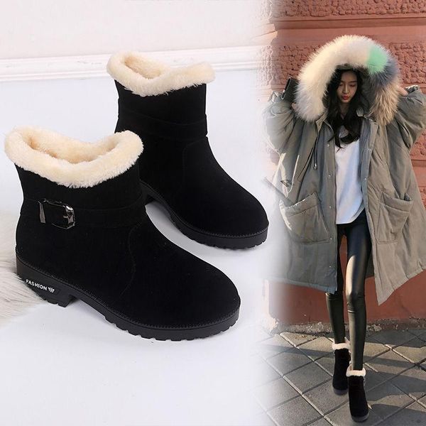 

winter women's shoes short boots wild thick-heeled fashion all-match mid-tube and cotton snow large size 35-46, Black