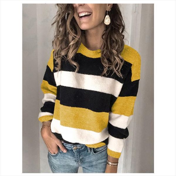 

women color block autumn sweaters and winter casual style long sleeve round neck striped pullover streetwear, White;black