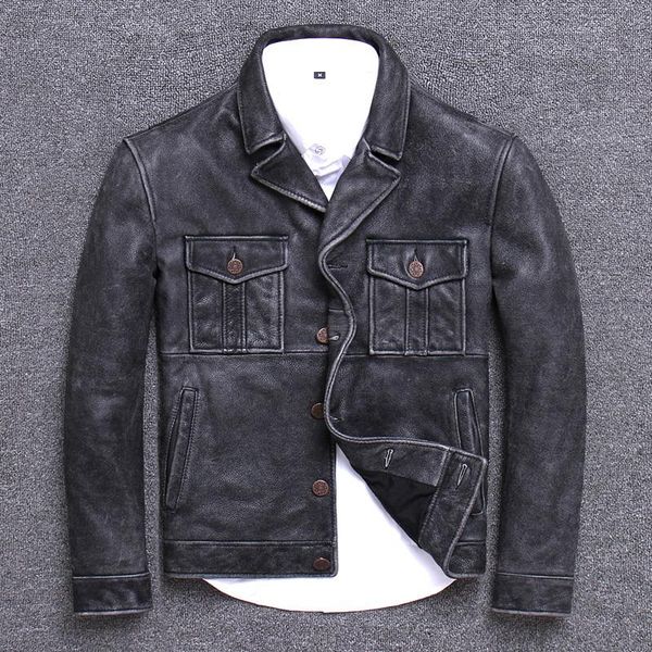 

men's leather & faux head layer material wind genuine clothing jacket male lapel suit do used winter coat cowhide, Black