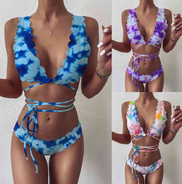 

flower women's bandage pit cut split swimsuit tie dye bikini, Black;white