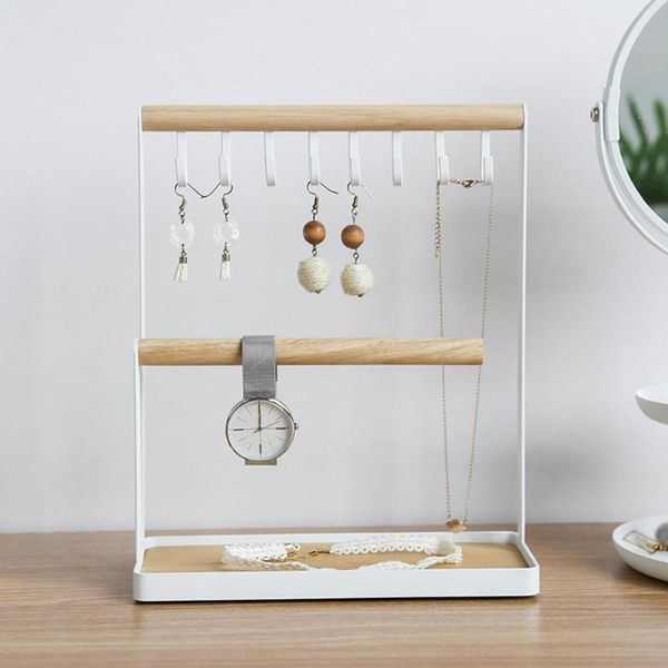 

jewelry pouches, bags stand wooden metal ear studs pendant holder display organizer earrings 2 layers storage rack, Pink;blue