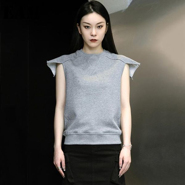 

women's t-shirt [eam] women gray black shoulder shaped casual round neck sleeveless fashion tide spring summer 2021 1dd9652, White