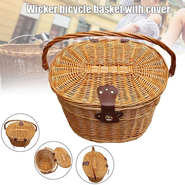 

storage baskets wicker front handlebar bike basket hand-woven craftsmanship bicycle with leather straps dsd666