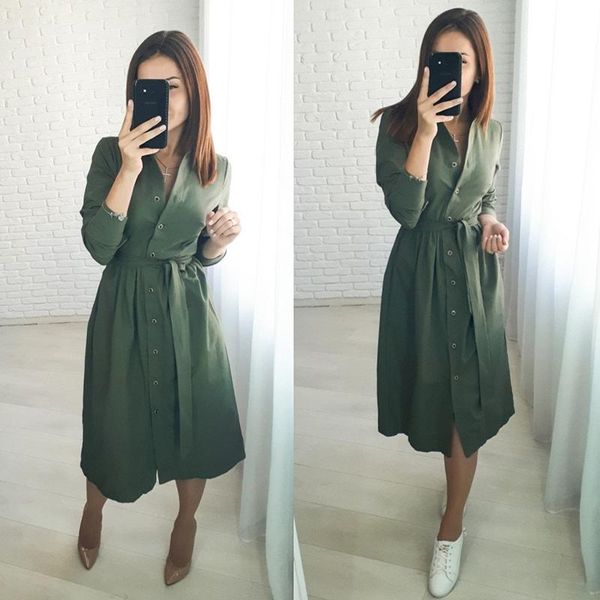 

women casual sashes button a-line dress office lady stand collar long sleeve solid autumn winter elegant party ly16 dresses, Black;gray