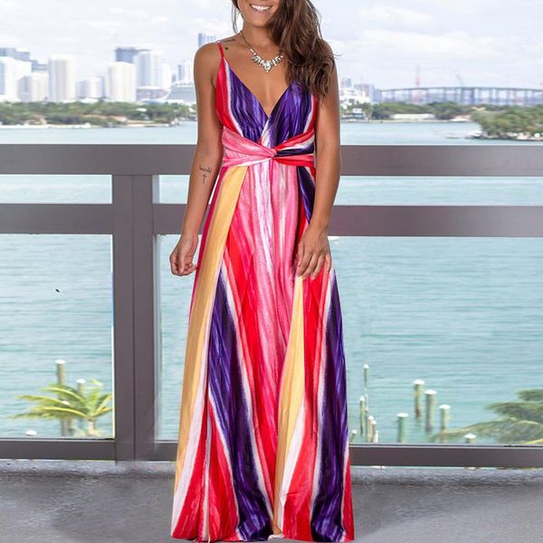 

casual dresses dress 2021 for femme vestdios women sleeveless bohemian v-neck sling printing floral beach long dressesmaxi robe, Black;gray