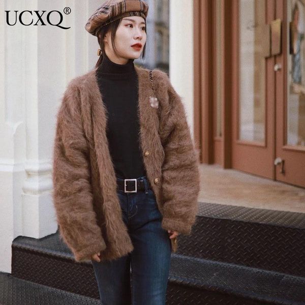 

women's knits & tees ucxq woman sweater cardigan solid loose long sleeve single breasted v collar casual korean style 2021 autumn fashi, White