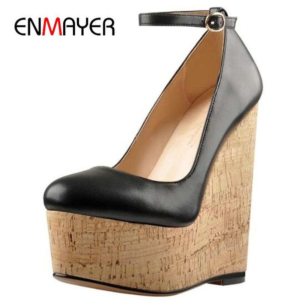 

dress shoes enmayer casual round toe pumps women super high thin heels woman heel platform buckle strap pu 34-43, Black