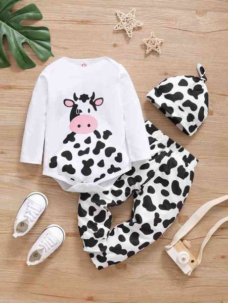 

baby cow print bodysuit & sweatpants with hat she, Blue