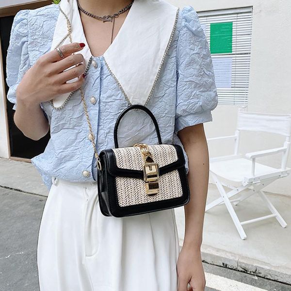 

evening bags mini flap women's bag woven pu leather patchwork summer beach shoulder crossbody casual ladies chain purses and handbags