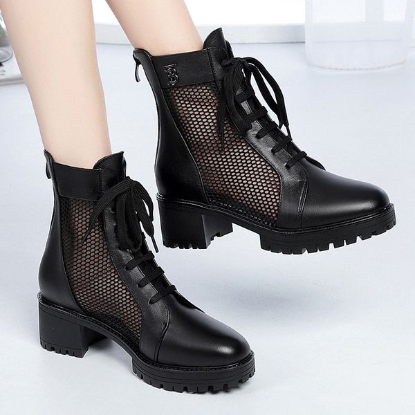 

spring and summer british martin women's breathable thin soft leather middle mh boots thick heel sandals, Black