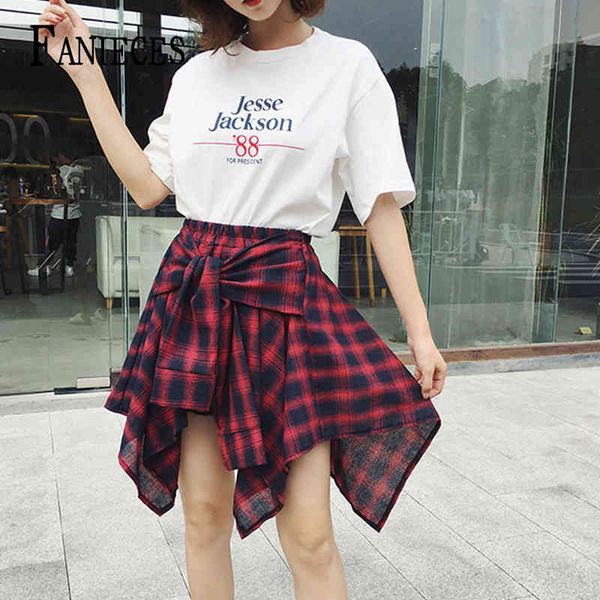

spring women's plaid skirts vintage high waist bow belt skirt lace-up boho summer lady streetwear asymmetrical faldas 210520, Black