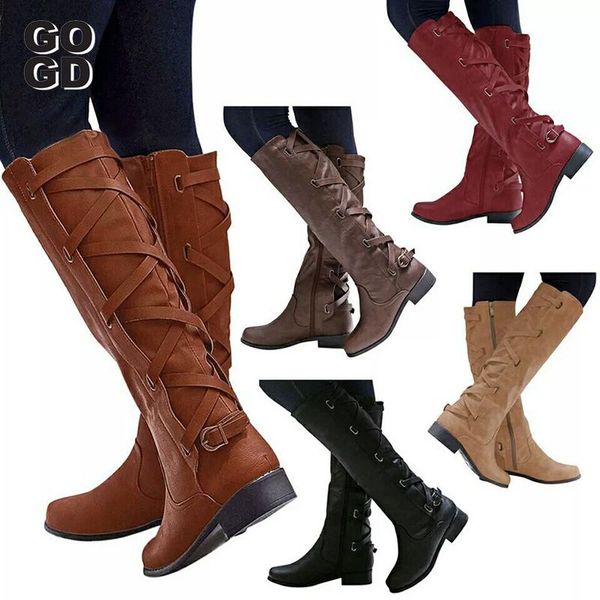 

boots [gogd]in 2021 the flat high knee-high big yards side zippers with round head style breathable shoes sole, Black
