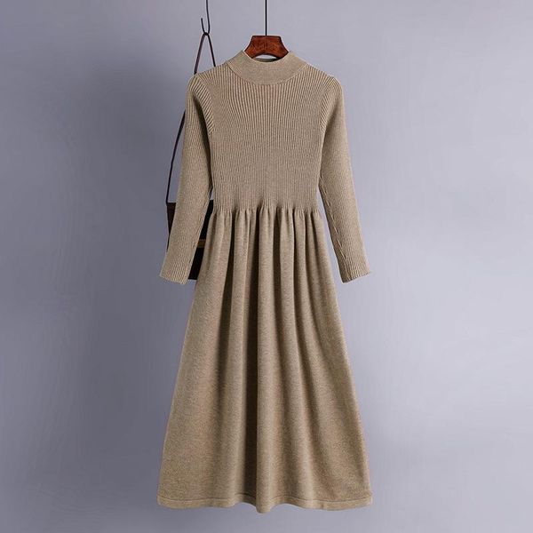 

casual dresses autumn and winter semi-high neck big hem long knitted dress with waist thin long-sleeved sweater base skirt, Black;gray